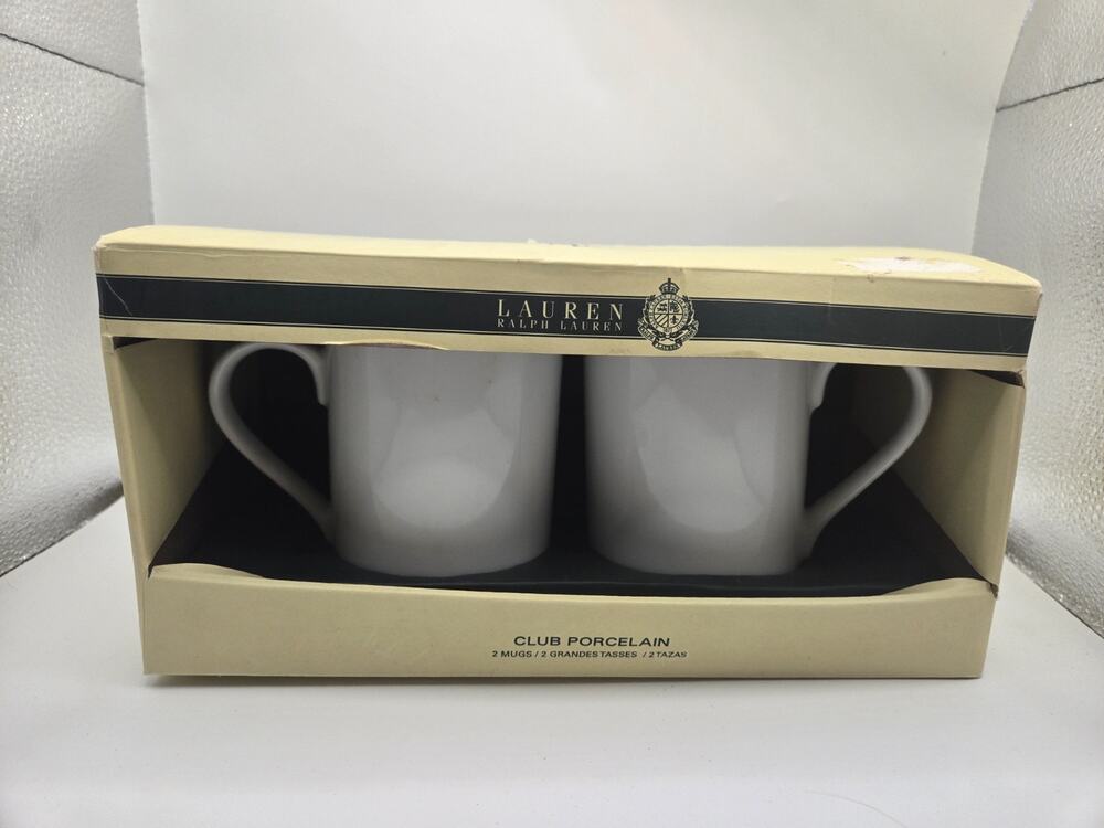 Ralph Lauren Club Porcelain Mugs Set 2 White 4.25" Brand New In Box